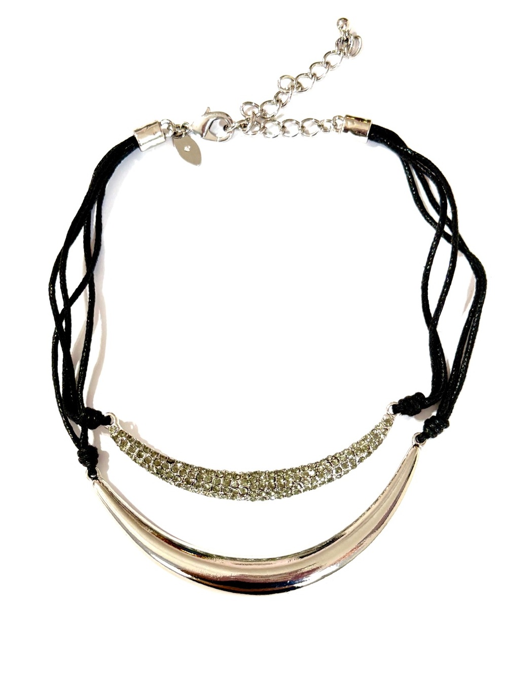 Chico’s Silver Pavé Crystal Layered Cord Collar Necklace NWT